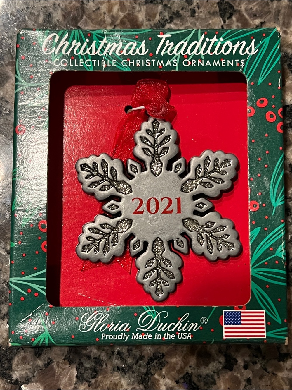Silver-pewter 2021 Snowflake Ornament with Red Ribbon